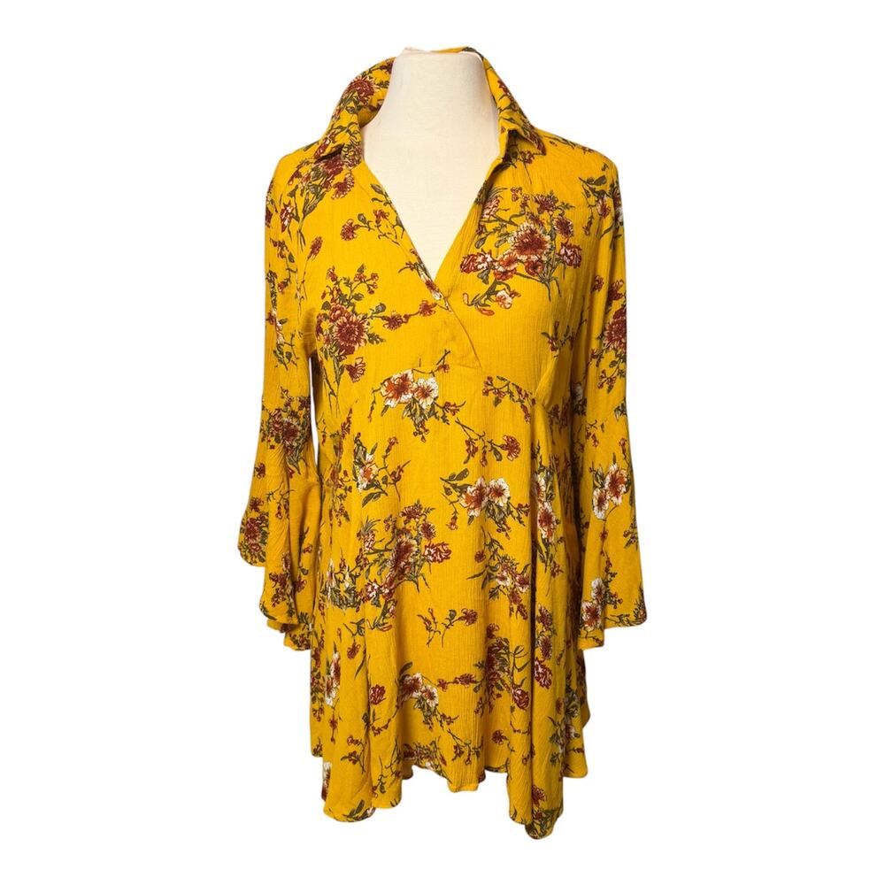 Umgee Gold Floral Boho Bell Sleeve Babydoll Mini Dress Festival M